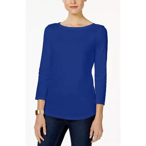 Charter Club Pima Cotton Button Shoulder Top Blue PS - Picture 1 of 9